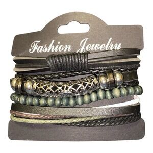 Men's Layered Leather Wrap Bracelet Wood Beads Black Green Adjustable Boho
